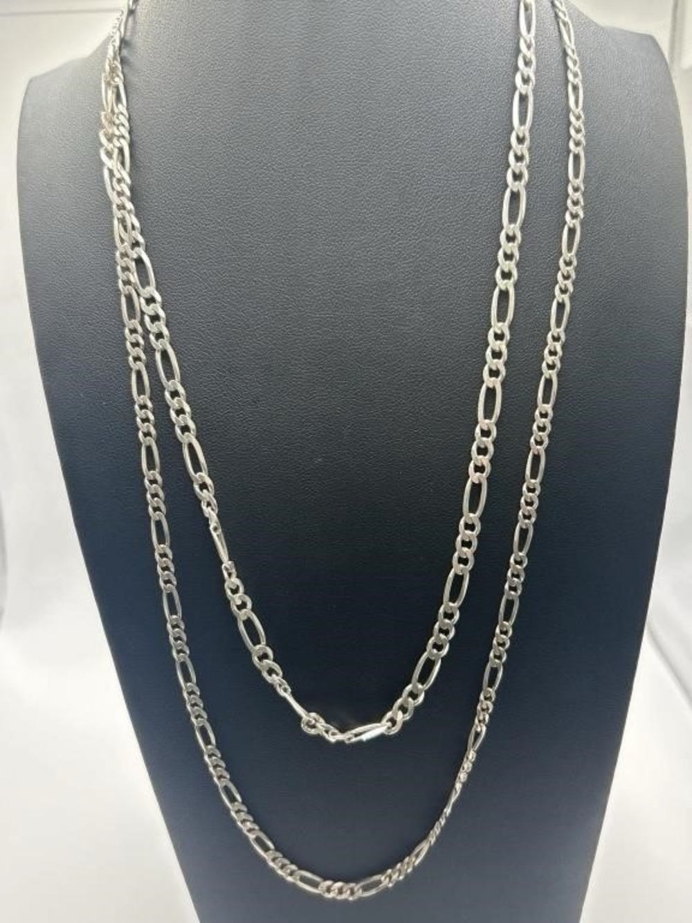 925 Italy Sterling Silver Double Strand Figaro Chain Necklace 20” + 22” 26.2g